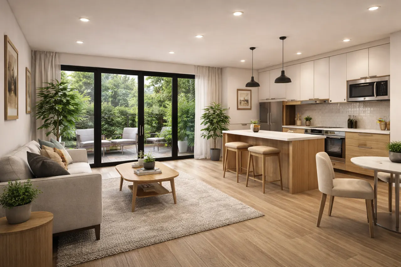 Modern ADU interior with open-concept living, kitchen island, and sliding glass doors